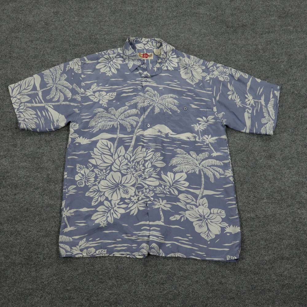 Hilo Hattie Shirt Mens Small Blue Tropical Floral Palm Tree 100% Silk Aloha